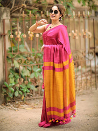 Rani Pink Linen Saree with Mustard Yellow Contrast Pallu & Tassels | Contemporary Everyday Elegance