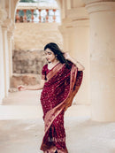 Elegant Wine Bandhani Silk Saree with Antique Gold Zari Border & Traditional Weaving