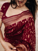 Elegant Wine Bandhani Silk Saree with Antique Gold Zari Border & Traditional Weaving