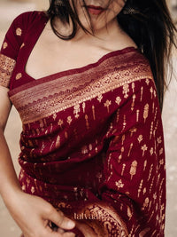 Elegant Wine Bandhani Silk Saree with Antique Gold Zari Border & Traditional Weaving