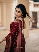 Elegant Wine Bandhani Silk Saree with Antique Gold Zari Border & Traditional Weaving