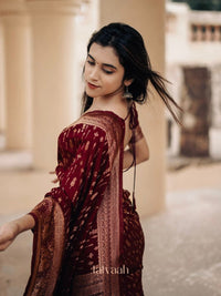 Elegant Wine Bandhani Silk Saree with Antique Gold Zari Border & Traditional Weaving