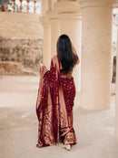Elegant Wine Bandhani Silk Saree with Antique Gold Zari Border & Traditional Weaving