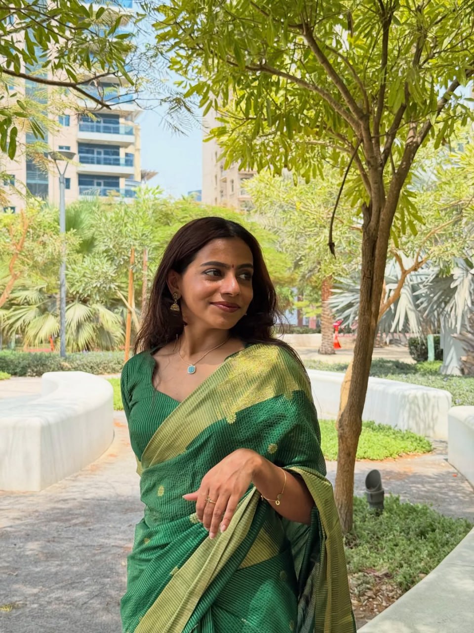Elegant Emerald Green Linen Cotton Saree with Silver Butti Work & Contrast Border
