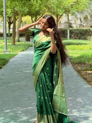 Elegant Emerald Green Linen Cotton Saree with Silver Butti Work & Contrast Border