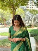 Elegant Emerald Green Linen Cotton Saree with Silver Butti Work & Contrast Border