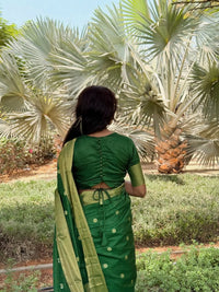Elegant Emerald Green Linen Cotton Saree with Silver Butti Work & Contrast Border