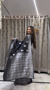 Designer Black Soft Silk Saree with Silver Zari Weaving & Elegant Traditional Border