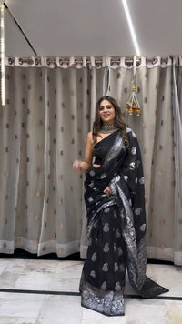 Designer Black Soft Silk Saree with Silver Zari Weaving & Elegant Traditional Border