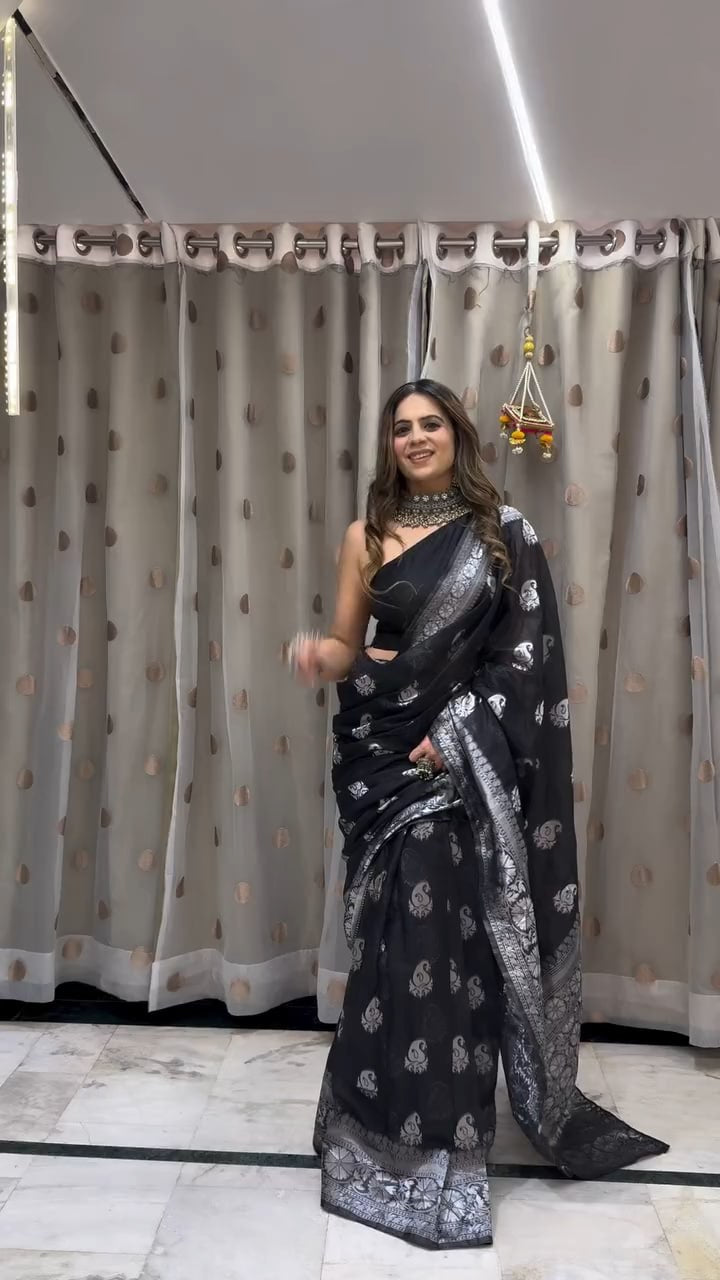 Designer Black Soft Silk Saree with Silver Zari Weaving & Elegant Traditional Border