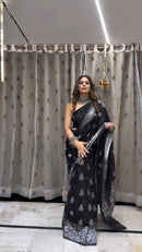 Designer Black Soft Silk Saree with Silver Zari Weaving & Elegant Traditional Border