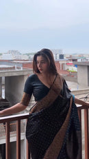 Elegant Black Georgette Saree with Antique Gold Floral Border & Butti Work