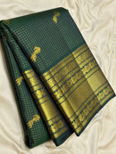 Premium Peacock Green Kanjivaram Silk Saree with Rich Gold Zari Border & Peacock Motifs