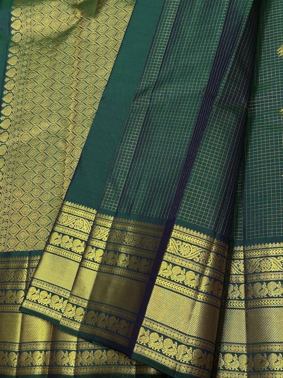 Premium Peacock Green Kanjivaram Silk Saree with Rich Gold Zari Border & Peacock Motifs