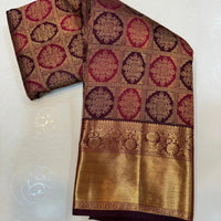 Royal Wine Banarasi Silk Saree with Intricate Gold Zari Floral Weaving & Grand Border