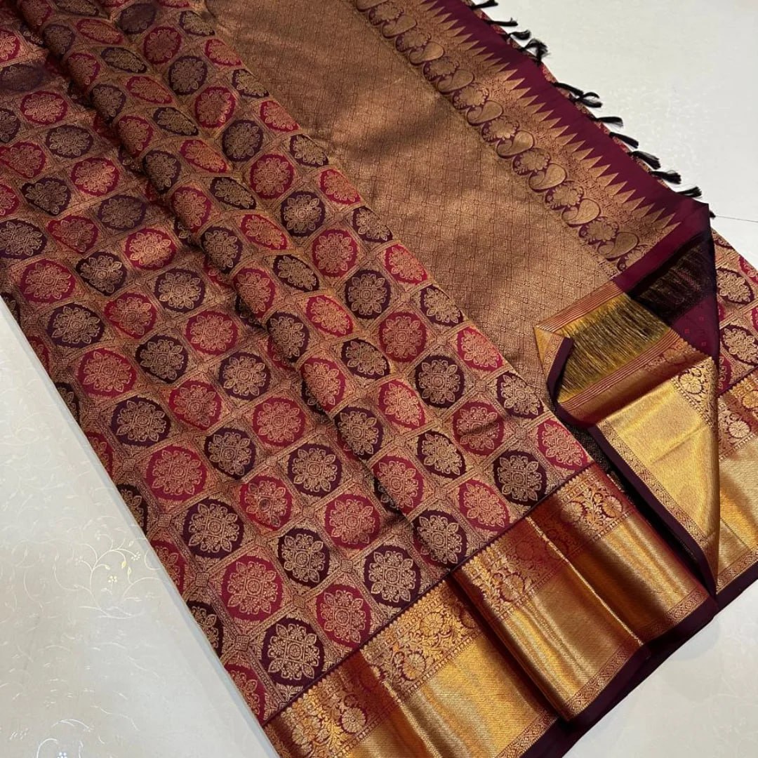 Royal Wine Banarasi Silk Saree with Intricate Gold Zari Floral Weaving & Grand Border