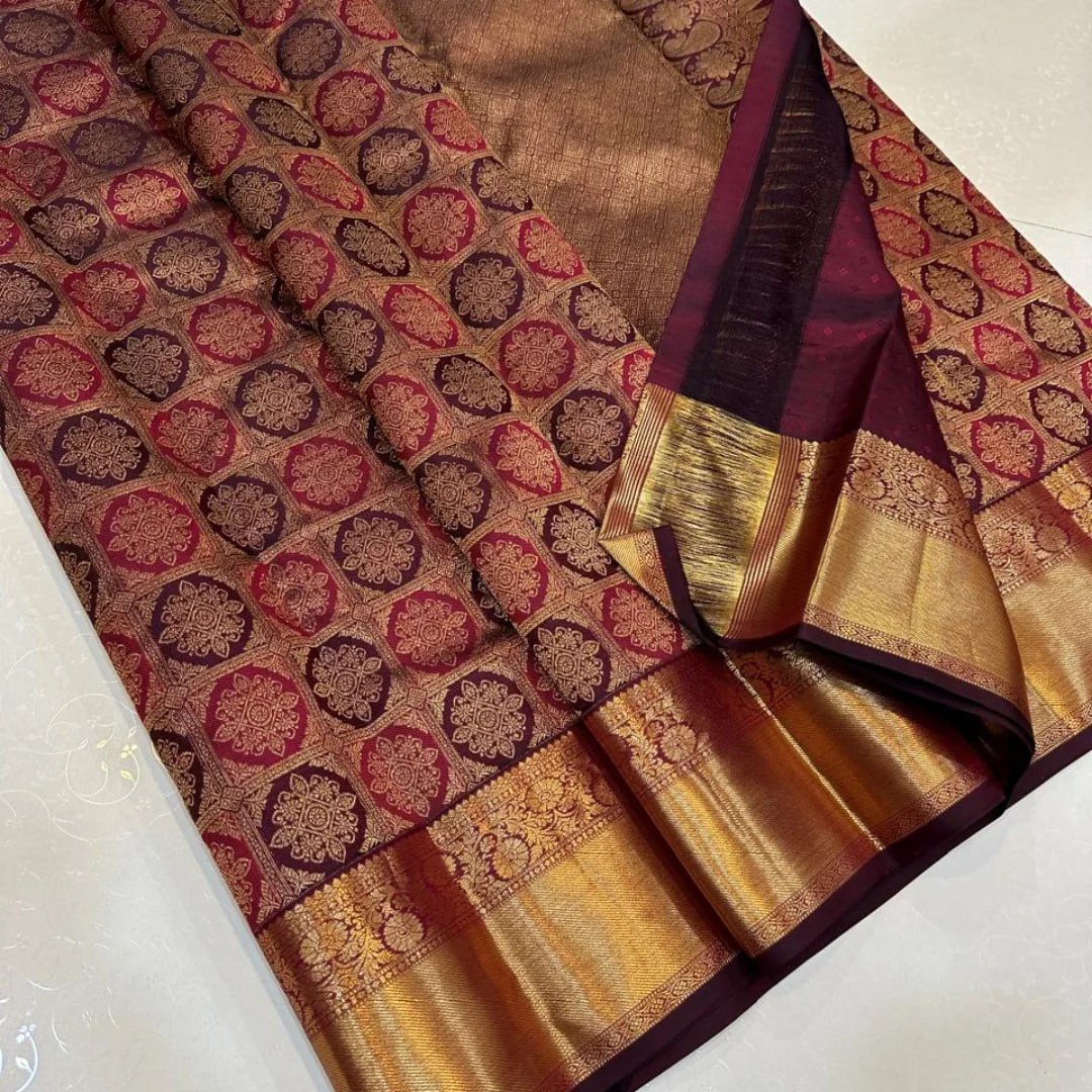 Royal Wine Banarasi Silk Saree with Intricate Gold Zari Floral Weaving & Grand Border
