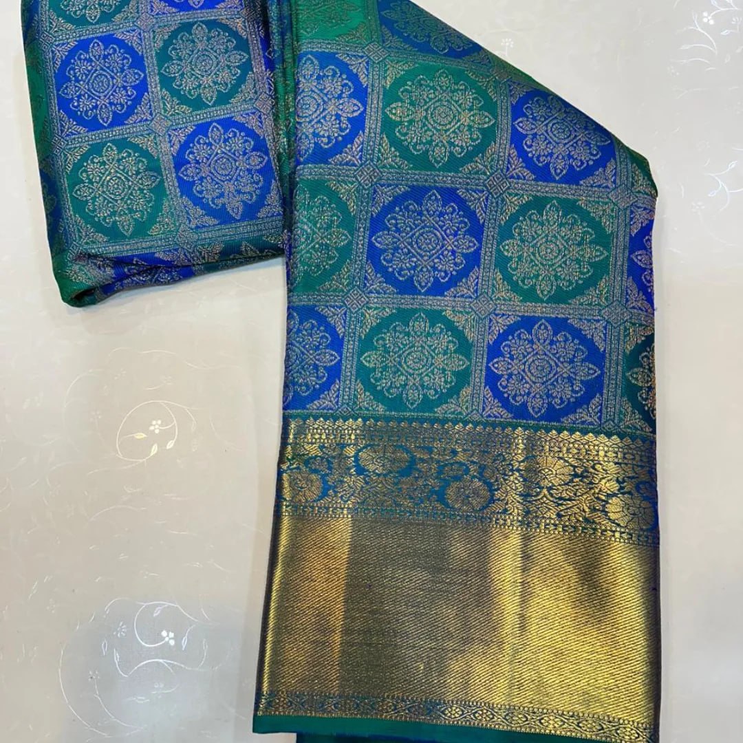 Premium Teal Blue Banarasi Silk Saree with Intricate Gold Zari Floral Weaving & Rich Border