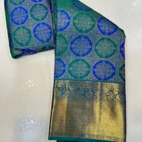 Premium Teal Blue Banarasi Silk Saree with Intricate Gold Zari Floral Weaving & Rich Border