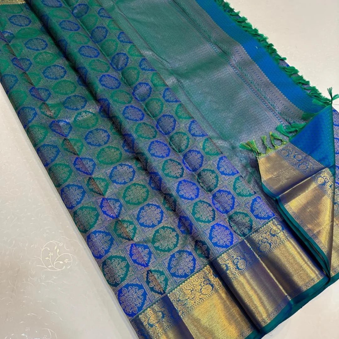 Premium Teal Blue Banarasi Silk Saree with Intricate Gold Zari Floral Weaving & Rich Border