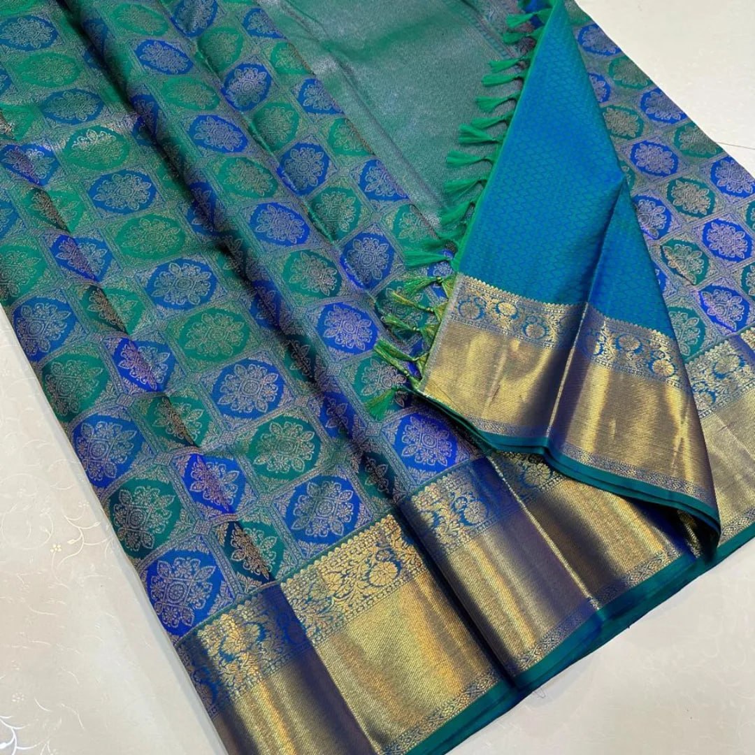 Premium Teal Blue Banarasi Silk Saree with Intricate Gold Zari Floral Weaving & Rich Border