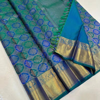 Premium Teal Blue Banarasi Silk Saree with Intricate Gold Zari Floral Weaving & Rich Border