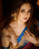 Royal Magenta Banarasi Silk Saree with Sky Blue Contrast Border & Rich Gold Zari Weaving