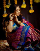 Royal Magenta Banarasi Silk Saree with Sky Blue Contrast Border & Rich Gold Zari Weaving