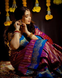 Royal Magenta Banarasi Silk Saree with Sky Blue Contrast Border & Rich Gold Zari Weaving