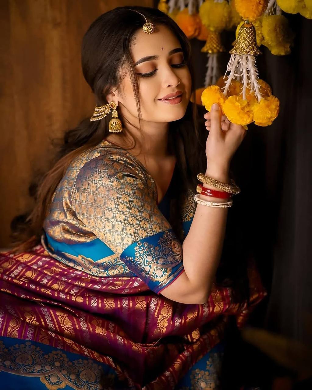 Royal Magenta Banarasi Silk Saree with Sky Blue Contrast Border & Rich Gold Zari Weaving