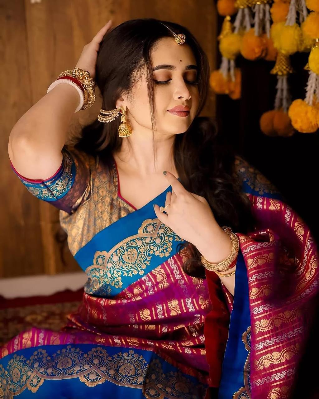 Royal Magenta Banarasi Silk Saree with Sky Blue Contrast Border & Rich Gold Zari Weaving