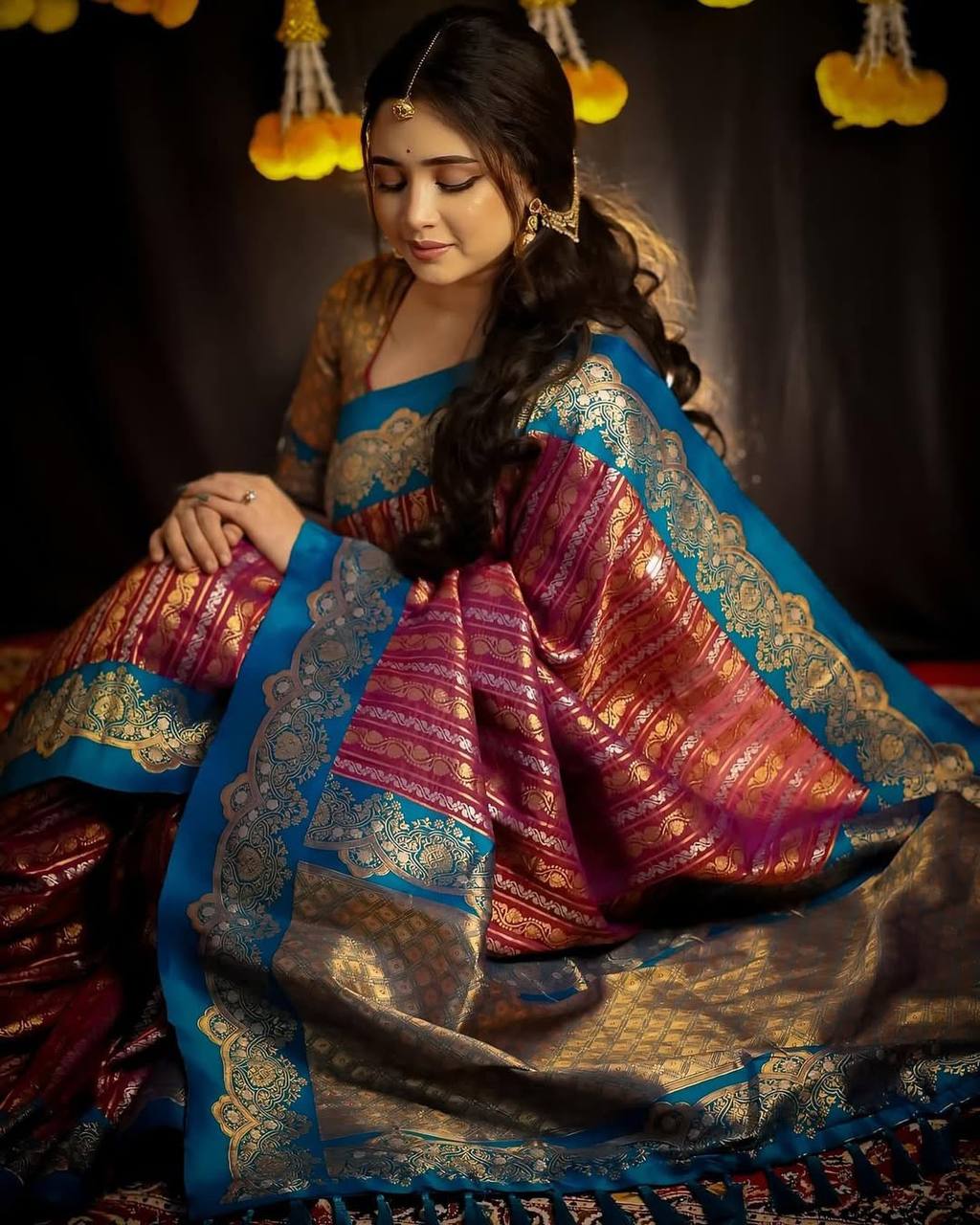 Royal Magenta Banarasi Silk Saree with Sky Blue Contrast Border & Rich Gold Zari Weaving