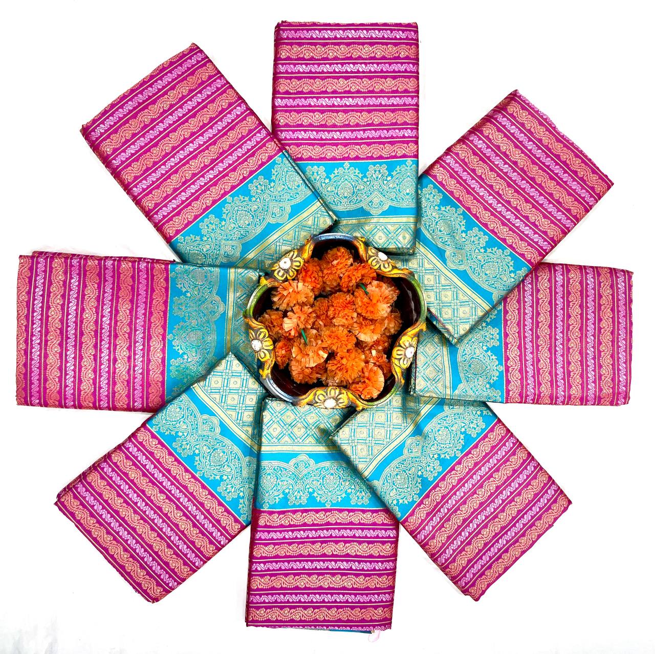 Royal Magenta Banarasi Silk Saree with Sky Blue Contrast Border & Rich Gold Zari Weaving