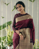 Elegant Wine Cotton Silk Saree with Antique Gold Woven Pallu & Traditional Border