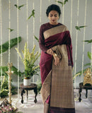 Elegant Wine Cotton Silk Saree with Antique Gold Woven Pallu & Traditional Border