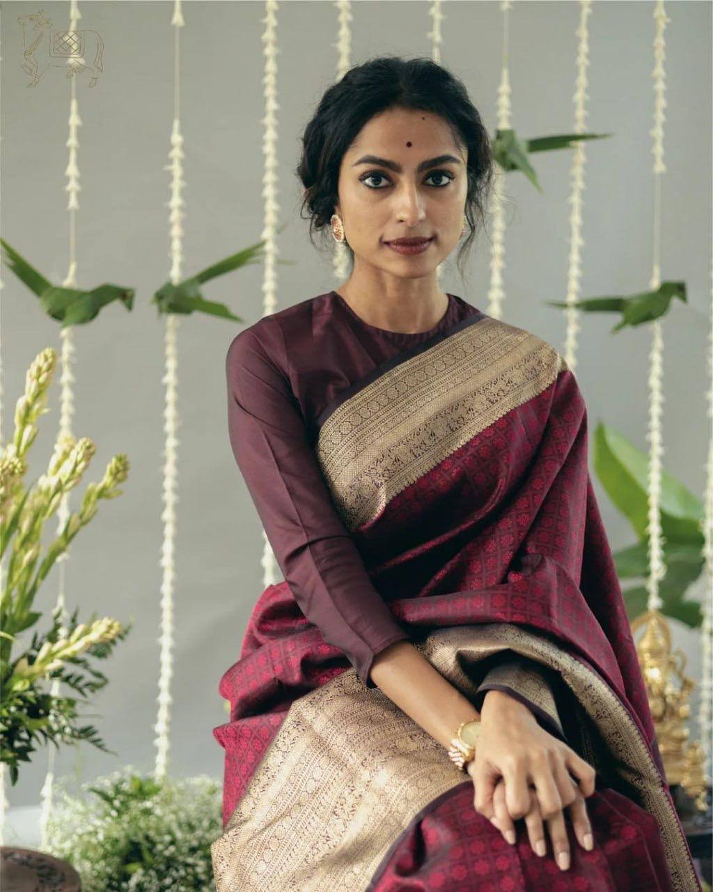 Elegant Wine Cotton Silk Saree with Antique Gold Woven Pallu & Traditional Border