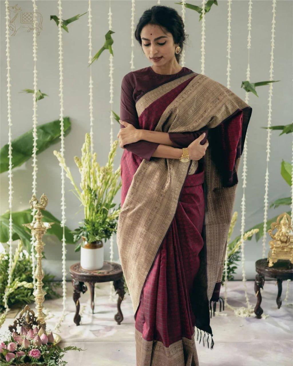 Elegant Wine Cotton Silk Saree with Antique Gold Woven Pallu & Traditional Border