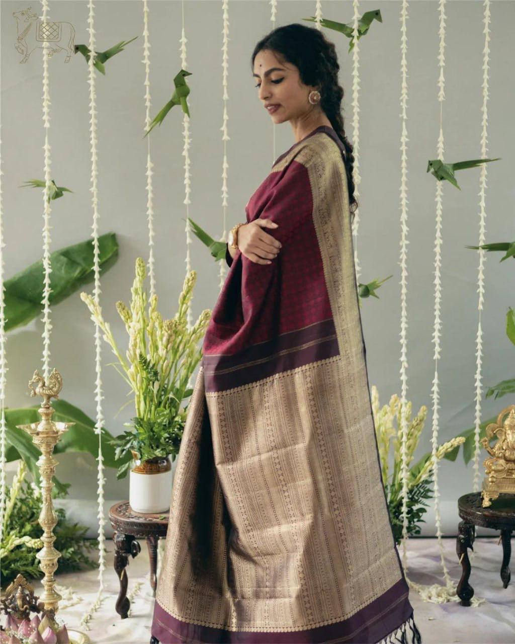 Elegant Wine Cotton Silk Saree with Antique Gold Woven Pallu & Traditional Border