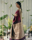 Elegant Wine Cotton Silk Saree with Antique Gold Woven Pallu & Traditional Border