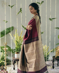 Elegant Wine Cotton Silk Saree with Antique Gold Woven Pallu & Traditional Border