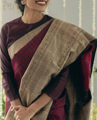 Elegant Wine Cotton Silk Saree with Antique Gold Woven Pallu & Traditional Border