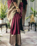 Elegant Wine Cotton Silk Saree with Antique Gold Woven Pallu & Traditional Border