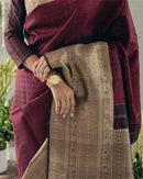 Elegant Wine Cotton Silk Saree with Antique Gold Woven Pallu & Traditional Border