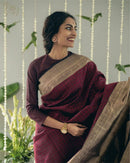 Elegant Wine Cotton Silk Saree with Antique Gold Woven Pallu & Traditional Border