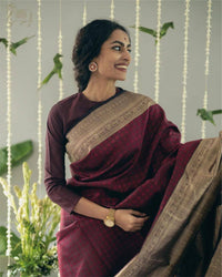 Elegant Wine Cotton Silk Saree with Antique Gold Woven Pallu & Traditional Border