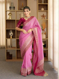 Elegant Baby Pink Banarasi Silk Saree with Magenta Contrast Border & Delicate Zari Weaving
