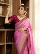 Elegant Baby Pink Banarasi Silk Saree with Magenta Contrast Border & Delicate Zari Weaving