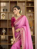 Elegant Baby Pink Banarasi Silk Saree with Magenta Contrast Border & Delicate Zari Weaving