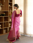 Elegant Baby Pink Banarasi Silk Saree with Magenta Contrast Border & Delicate Zari Weaving