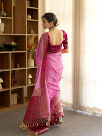 Elegant Baby Pink Banarasi Silk Saree with Magenta Contrast Border & Delicate Zari Weaving